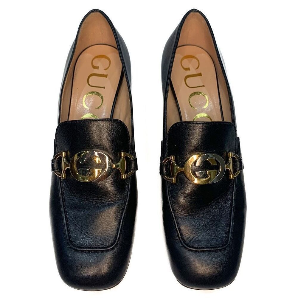 Gucci Zumi Interlocking GG Loafer Pumps EU 37 US 7 Black Leather Logo Mid Heels - Picture 2 of 10